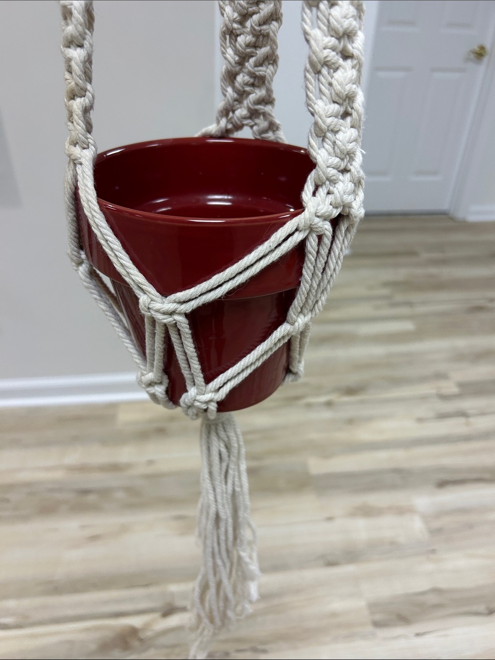 Red Ceramic Planter in Macramé Hanger
